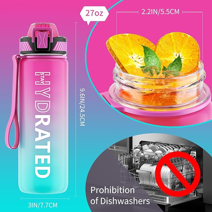 Water Bottle with Straw, 27oz Motivational Water Bottles with Time Marker to Drink, Tritan BPA Free, 750ml Sports Water Bottle with Carry Strap LeakProof for School Fitness Outdoor (1Pack)