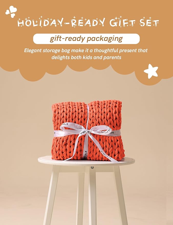 YnM Cooling Weighted Blanket, 100% Cotton Handmade Chunky Knitted Blanket, Weighted Lap, Breathable Heavy Blankets, Machine Washable Throw for Sleep or Home Decor (Orange, 50x60 Inch, 10lbs)