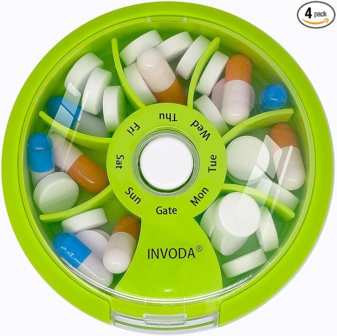 INVODA Weekly Pill Organizer 7 Compartment Rotating Pill Box for Daily Medication & Vitamins - Portable Travel Pill Case Fish Oil Supplements Vitamins Organizer (Orange)