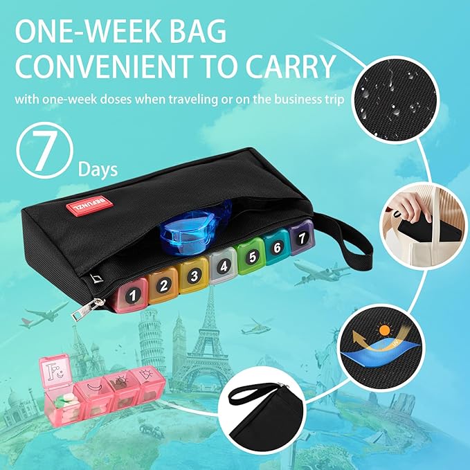 Monthly Pill Organizer, Medicine Organizer Box with Portable Hard Shell and Pill Cutter, 31 Day Pill Holder with Weekly Pill Bag (Blue, 4 Times a Day)