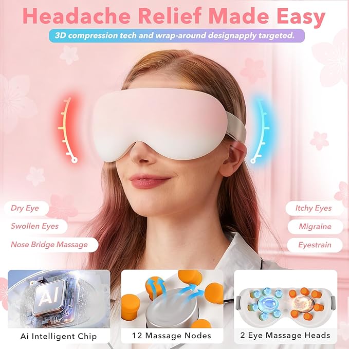Eye Massager with Heat and Cooling for Migraines – 14 Massage Nodes for Eye Strain Relief, Rechargeable Bluetooth Music, Improve Sleep,Eye Strain Relief, Birthday Gifts for Women and Men(Pink)