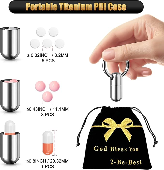 2-Be-Best Pill Holder with Keychain, Titanium Alloy Pill Container Keychain Waterproof Pill Case Portable Keychains Pill Holder Single Pill Case Pill Box for Travel Outdoor Gift Pills Container