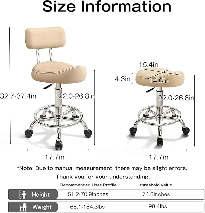 Saddle Stool with Back and Ring Pedal, Adjustable Hydraulic Rolling Chair with Wheels for Salon, Spa, Medical, Massage & Drafting Use Khaki