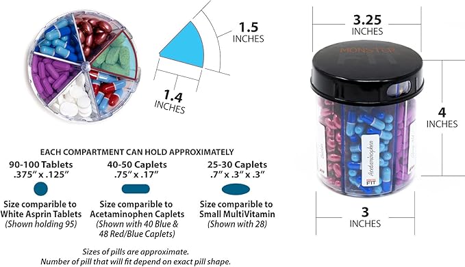 Monster Jr Supplement Pill Dispenser with Labels - Holds Small Medium Medication Vitamins and Easily Dispense from One Container Includes Compartment Labels (Monster Jr - 2 Pack)