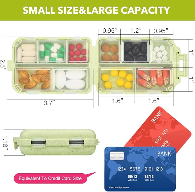 Travel Pill Organizer with Medicine Labels, 10 Compartments Travel Medicine Organizer Daily Small Pill Container Travel Pill Box Purse Pill Case (Yellow, 189 Lables)