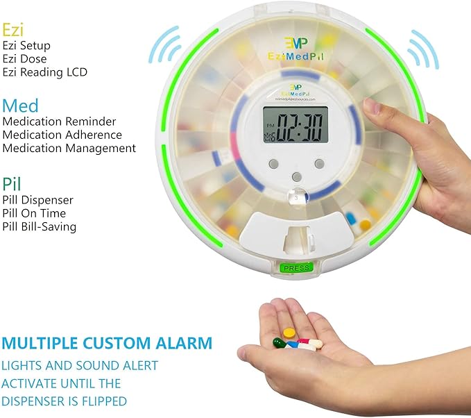 EziMedPil Automatic Pill Dispenser with Alarm, Sound & Light, up to 6 Alarms/Day, 6 Dosage Templates, Easy-Read Display, Frosted Lid & Locked 28-Day Medication Dispenser for Protecting Pills Privacy