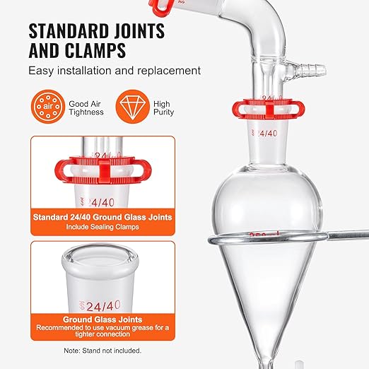 VEVOR Lab Distillation Kit, 3.3 Boro Lab Glassware Distillation Kit with 24, 40 Joint, 1000ml Essential Oil Distillation Apparatus Kit, 29 pcs Set of Glassware Equipment