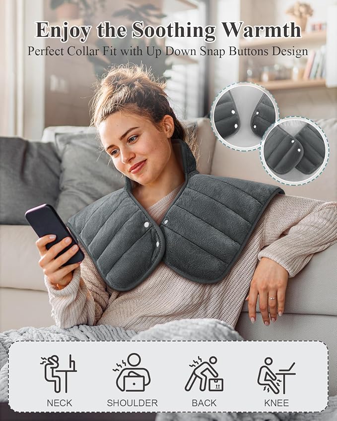 Heating Pad for Neck and Shoulders and Back, 24"x23" XL Large Electric Heated Wrap for Daily Relaxation, Gifts for Women Men, 2lb Weighted, 6 Heat Settings, 4 Timers, Silver Grey