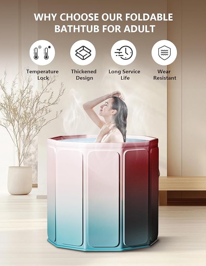 Portable Bathtub for Adults, Collapsible Freestanding Bathtub for Shower, Hot Ice Bath Tubs with Thickened Thermal Foam to Keep Temperature, PVC Outdoor Soaking Tub (Blue-pink Gradient)