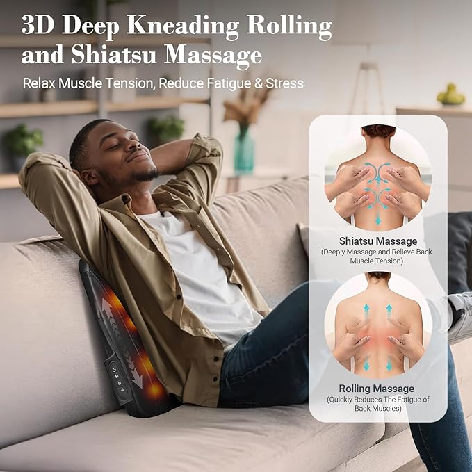HSA Approved Cordless Shiatsu Back Massager - FSA Eligible Lower Back Massager for Pain Relief Deep Tissue, Movable Massage Head, Lumbar Massager with Heat, Rechargeable Massager
