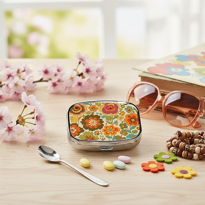 Square Pill Case Small Pill Box with Mirror Pocket 2 Compartment Vitamin Pill Medicine Case Organizer Pill Containers for Traveling Vintage Flower Petals Two