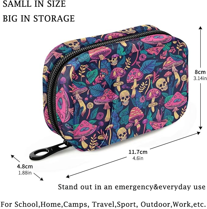 Fustylead Bright Psychedelic Mushrooms Plants and Skull Travel Pill Organizer Case Zipper for Purse with Removable Weekly Pill Box for Medicine, Vitamin, Supplement Medicine Organizer