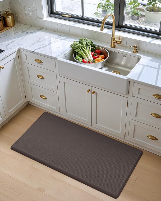 DEXI Kitchen Mat Cushioned Anti Fatigue, Extra Thick Comfort Standing Floor Mats Waterproof, Memory Foam Antifatigue Runner Rug for Desk Office, Sink, Laundry, 48x20, Brown