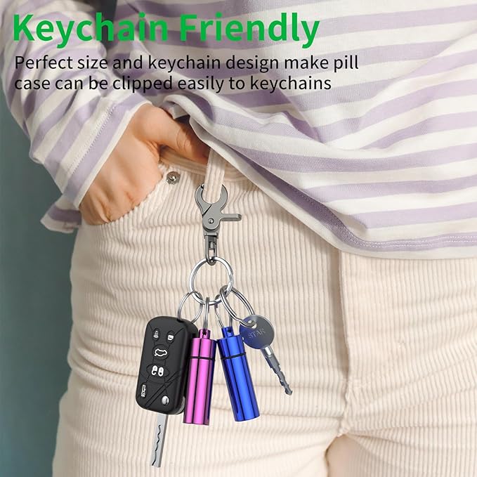 Small Pill Box,(5 Pack) Keychain Pill Holder Portable Mini Travel Pill Container Metal Case Bottle with Keyring