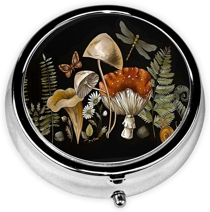 Pill Box, Small Pill Organizer with 3 Compartments and Mirror, Cute Round Portable Travel Metal Pill Case for Pocket or Purse, Privacy-Protecting Medicine Box-Retro Mushroom