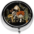 Pill Box, Small Pill Organizer with 3 Compartments and Mirror, Cute Round Portable Travel Metal Pill Case for Pocket or Purse, Privacy-Protecting Medicine Box-Retro Mushroom