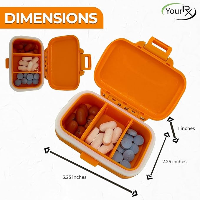 Travel Pill Organizer - Durable, Watertight Pill Case Travel Size with 3 Compartments - Compact Pill Travel Case for Vitamins, Supplements, Medicine - Travel Pill Container for Purse (Orange)