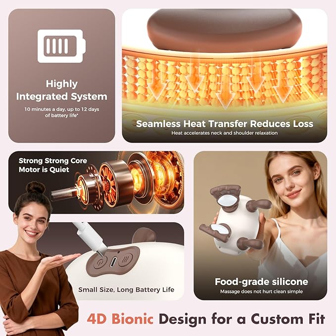4D Neck Massager,Shoulder Hot Compress Massager, a wireless and portable massager that simulates human hand operation,suitable for relieving neck pain and relaxing muscles,with 3 adjustment modes.