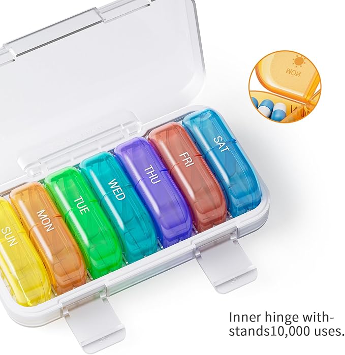 RICHCEE 14 Compartments Weekly Pill Organizer, Rainbow 7 Day AM PM Pill Box 2 Times a Day, Medicine Planner, Portable Removable Travel Pill Case for Fish Oil/Vitamin/Supplement Box(Rainbow)