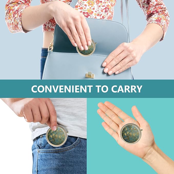 Pill Case Pill Box with Mirror Retro 3 Compartment Small Pill Case for Purse or Pocket Bronze Small Roud Pill Box or Vitamins, Fish Oil, Supplements, Pill Containe Travel Gifts（Retro Green Floral）