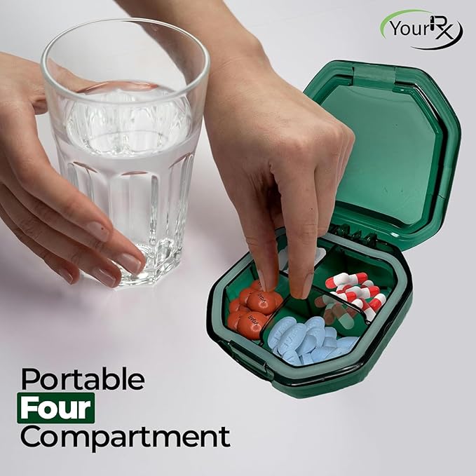 Travel Pill Organizer - Durable, Watertight Pill Case Travel Size with 4 Compartments - Compact Pill Travel Case for Vitamins, Supplements, Medicine - Travel Pill Container for Purse (Green)