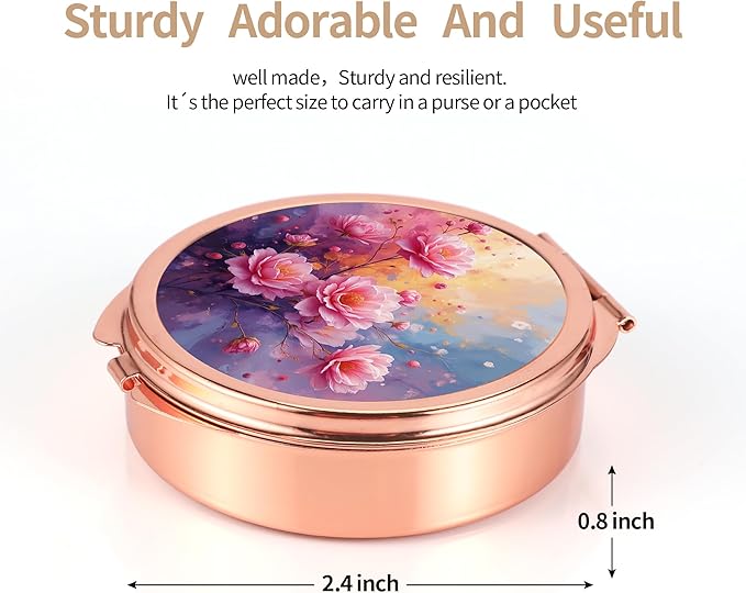 Dynippy Pill Case Pill Box with Mirror Pocket 3 Compartment Medicine Case Vitamin Pill Organizer for Pocket Purse and Travel (Round, Rose Gold-BloomGlow)