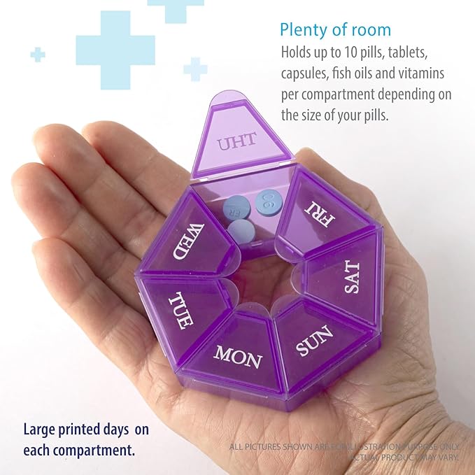 Deke Home - Small Weekly Pill Organizer, Round Pill Dispenser for Travel, Mini Pill Organizer, Compact Medicine Holder, Pill Sorters 7 Days, Portable Vitamin Container, BPA Free (Food Grade)