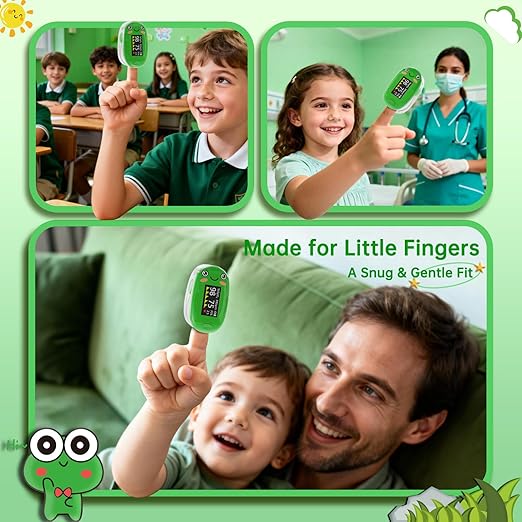 Pulse Oximeter for Kids, Adorable Animal Children Oxygen Monitor Fingertip with 20 × Memory, 4 Color OLED Display Blood Oxygen Saturation Monitor with Alarm, Batteries and Lanyard (Green)