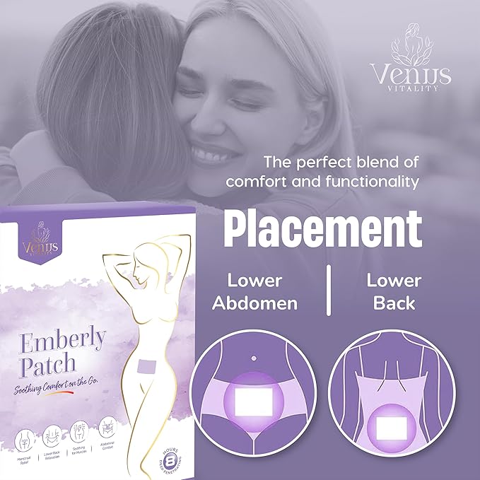 Period Cramp Relief Menstrual Patch – Heat Pads for Pain Relief & PMS | Portable Heating Pad | Emberly Self-Heating Patch for Women, Back Pain & Muscle Comfort | Adhesive, Travel-Friendly Long-Lasting