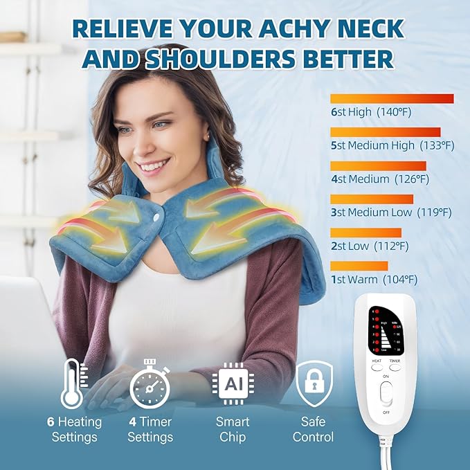 Heating Pad for Neck and Shoulders, Weighted Electric Neck Heating Pad for Back Pain Relief 6 Heat Settings 4 Timers Auto Off Birthday Christmas Gifts for Women Mom Men Dad