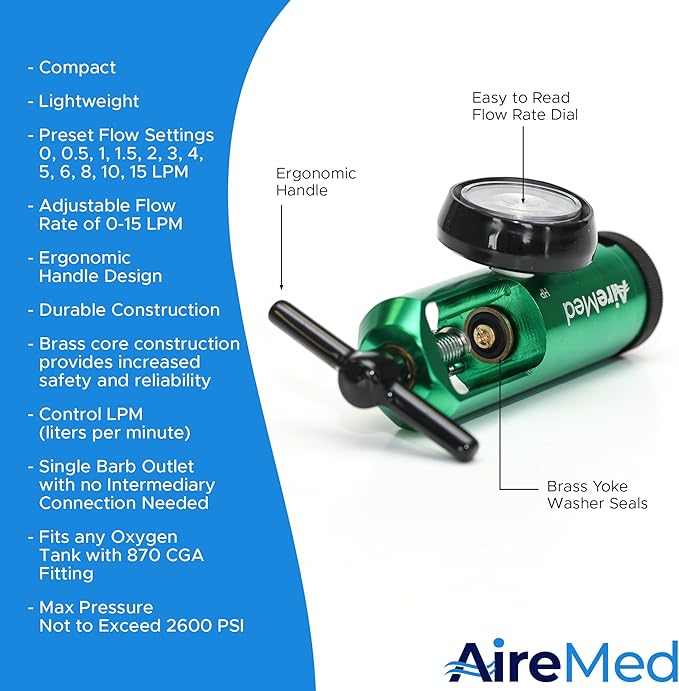 AireMed Oxygen Regulator 0-15LPM, CGA-870 Gauge Flow Rate – Includes Wrench Key, 5 Brass Yoke Washer Seals, and 2 Oxygen Tubing Swivel Connectors - Ergonomic Handle Design – Green