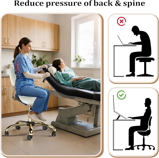 OmySalon Drafting Chair,Ergonomic Saddle Stool with Back Support,Tall Adjustable Rolling Stool with Thick Seat Cushion, Office Computer Chair for Salon Barber Spa Home Bar, White Gold