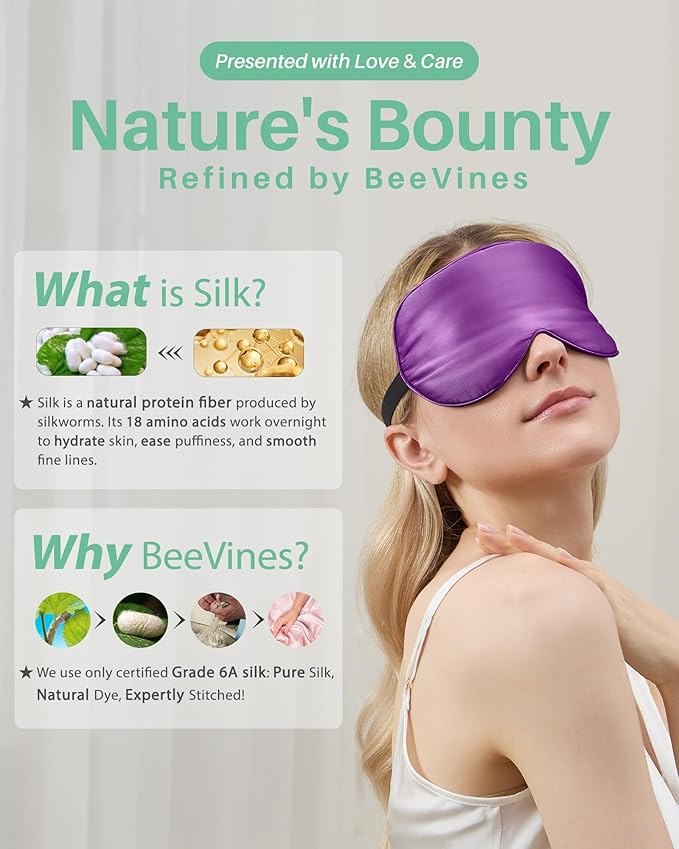 BeeVines Sleep Mask, 4 Packs 100% Real Natural Pure Silk Eye Masks with Adjustable Strap for Sleeping, Mulberry Silk Eye Sleep Shade Cover, Block Light Reduces Puffy Eyes Traveling Gifts(Purple)