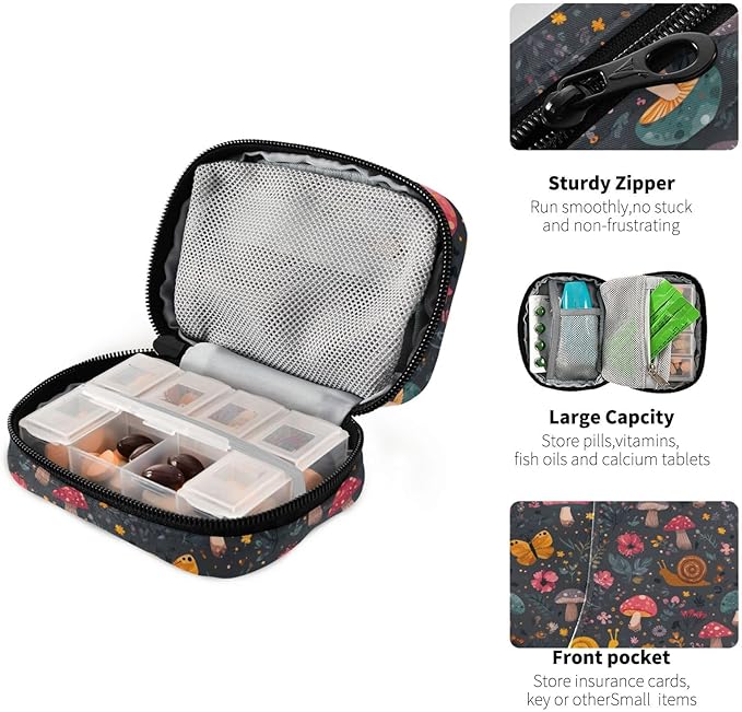 Pill Box Snail Mushroom Palm Leaves 7 Day Pill Case Travel Pill Organizer Bag with Zipper Portable Weekly Vitamin Medicine Supplement Holder Pouch Bag