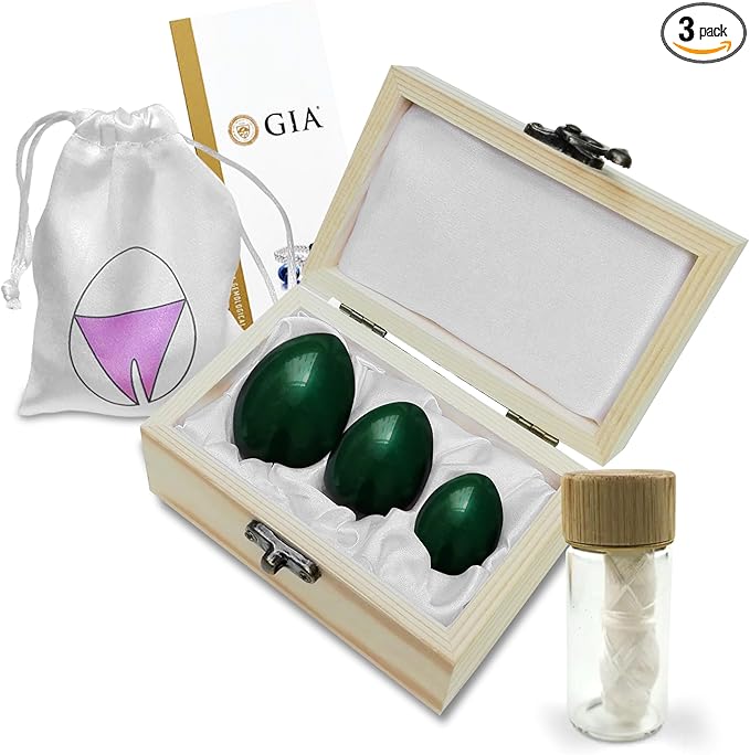 GIA Certified Yoni Stones Nephrite Jade Set of 3 | Pelvic Floor Exercise Devices Drilled with String | Kegel Weights for Woman | Includes eCourse & Gift Box