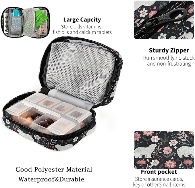 Fustylead Cute White Polar Bears and Beautiful Flowers Pill Organizer for Purse, Weekly Portable Pill Box with Zipper to Storage Vitamins Fish Oils Medications Supplements