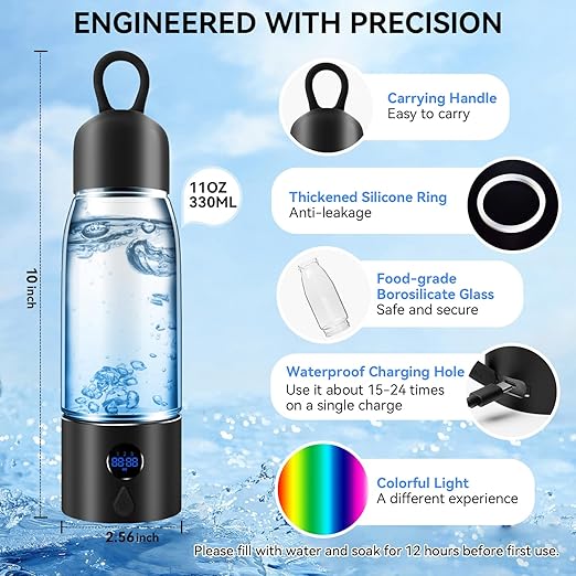 Hydrogen Water Bottle with Three Modes Produces 5000 PPB of Hydrogen Water in 8 Minutes,Made of Aluminium and Glass,with Colorful Light,Rechargeable for Travelling,Office,Home (Black)