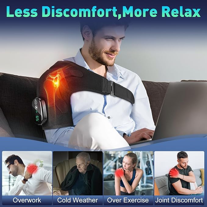 Cordless Shoulder Heating Pad, Shoulder Massager for Pain Relief Deep Tissue,Heated Shoulder Wrap & Brace with 3 Heat & Vibration Modes, Men & Women (Black)