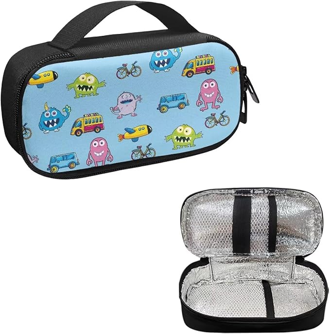 Rnyleeg Insulin Bag for Kids Cartoon Vehicle Bacteria Printed Small Diabetic Bags for Supplies Insulin Cooler Travel Case for Daily Life Trip Diabetic Supplies Storage for Boys Girls