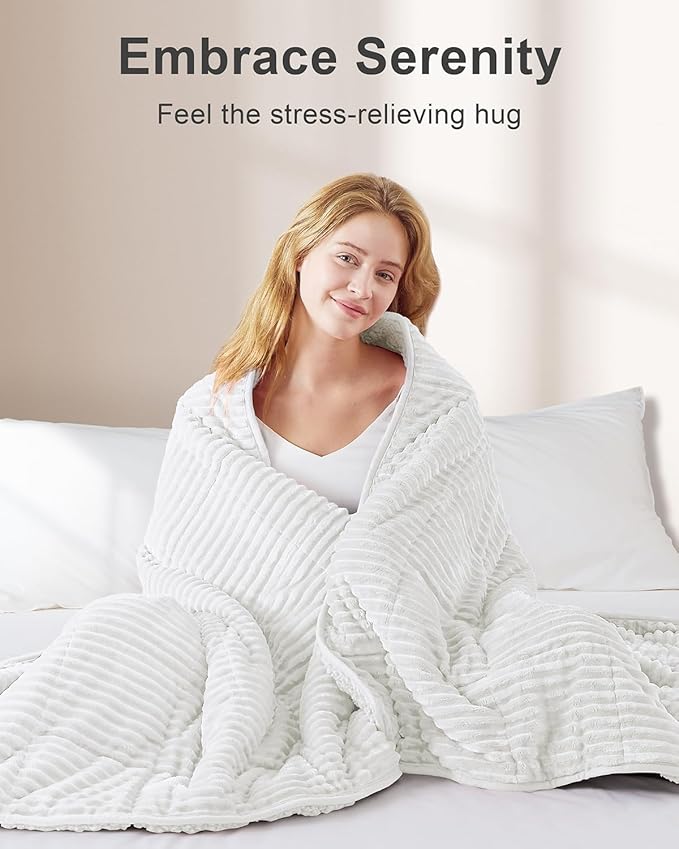 Sherpa Fleece Adult Weighted Blankets 20lbs with Ribbed Stripes, Dual Sided Fuzzy Warm Blanket for Couch Bed Sofa, Heavy Thick Blankets with Ceramic Beads Great for Sleep, White, 60" x 80"