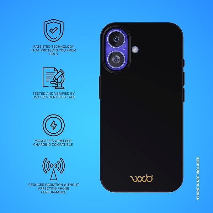 WAVEBLOCK EMF Protection Silicone iPhone Case, Radiation Blocker Cell Phone Case, 5G Shield Reduction, Lightweight, USA Patented and Tested in FCC Lab, iPhone 16 Black