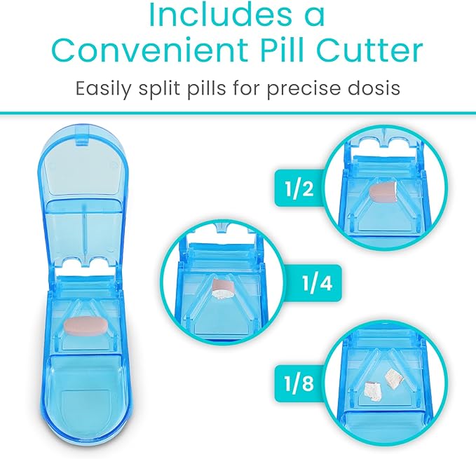 Vive Stackable Pill Organizer Tower with Pill Cutter, Splitter - 7 Days 4 Times A Day - Dispenser for Vitamins, Supplements and Medication - Weekly Stacking Pill Box Container with Travel Case