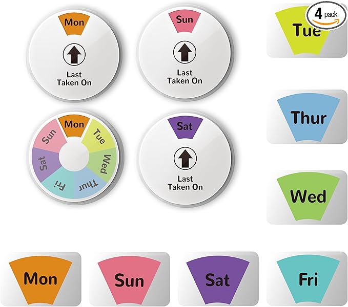 4 Pack 7-Day Pill Reminder Tracker 2-in-1 Magnetic & Adhesive – Stick to Plastic or Glass Bottles, or Attach Magnetically to Fridge/Metal Surfaces – Reusable for Medications, Vitamins, Pet Medicine