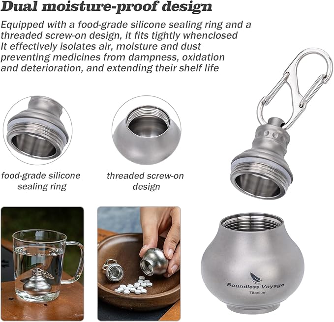 iBasingo Titanium Mini Pill Bottle Keychain Ultralight Waterproof Portable Medicine & Vitamin Storage Case for Outdoor Travel Emergency Metal Gourd Design (32.5g) Ti9006O (Titanium Original)