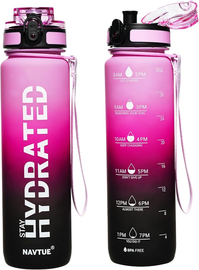 Water Bottle, 32 oz Sports Water Bottles with Time Marker Wide Mouth, Motivational and Leakproof Drink Bottle, BPA Free Tritan with Carry Strap for Gym Fitness Outdoor(1 Bottle)