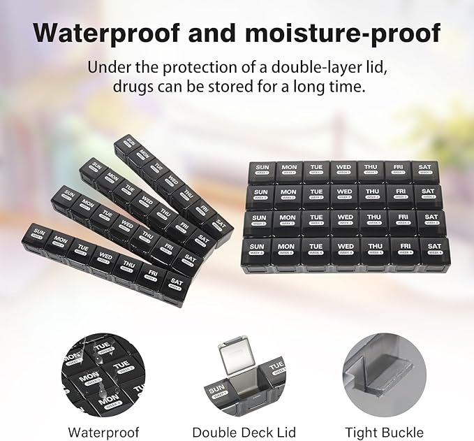 Monthly Pill Organizer, Once a Day, 4 Weeks a Month, 28 Days in a Large Pill Box, Portable for Travel, can Hold a Large Amount of Vitamins, Supplements, Fish Oil, and Medication (Black)
