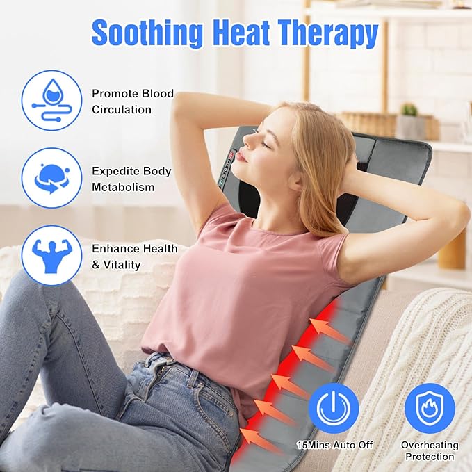 Full Body Massage Mat with Heat,Electric Massage Pad with Shiatsu Neck Back Massage Pillow,Massage Mattress Chair Pad W/ 10 Vibration Motors 3 Heating Levels for Neck,Back&Full Body Pain Relief