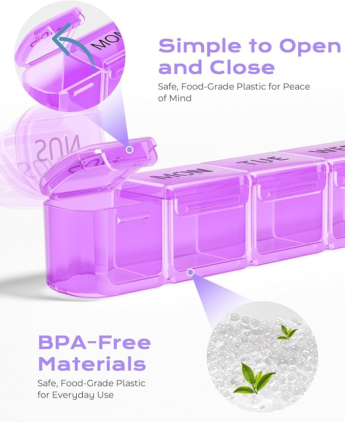 Daviky Weekly Pill Organizer, Large 7 Day Pill Box, Travel Pill Case, Daily Pill Dispenser for Vitamins, Medicines, Supplements, and Fish Oil(Purple)