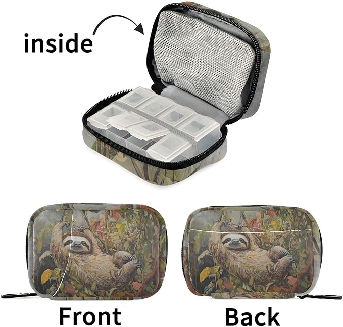 Fustylead Vintage Lovely Sloth Oil Painting Pill Organizer Case with Zipper 2 Times A Day for Vitamin and Supplement, 7 Day Travel Organizer Medicine Case