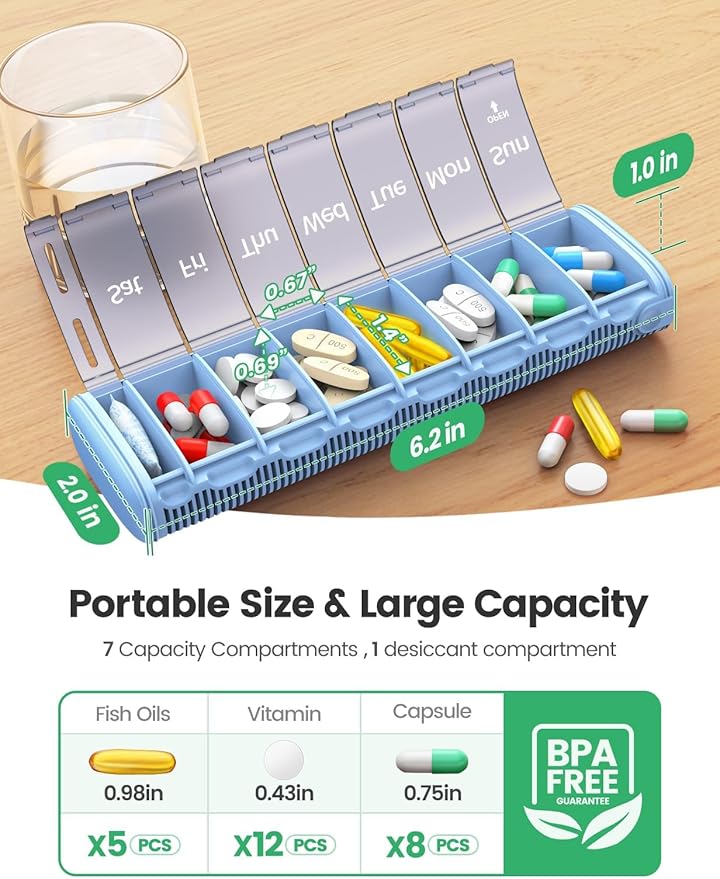 Weekly Pill Organizer 7 Day, Airtight Silicone Seal Pill Box with Built-in Desiccant, Portable Travel Medicine Organizer, Moisture-Proof Vitamin & Supplement Container,Black